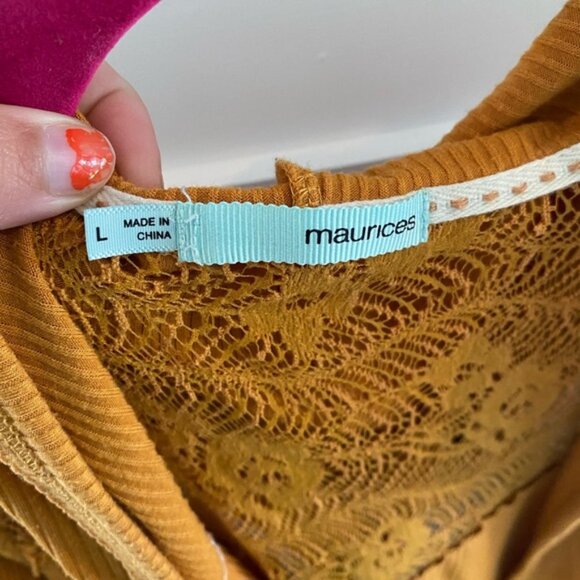 Maurice’s Large Mustard Yellow Hooded Lace Insert Cardigan Long Sleeve Autumn - Picture 4 of 6